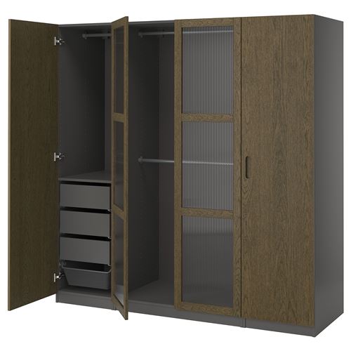 IKEA - PAX/TONSTAD, PAX wardrobe, dark gray brown-oak veneer glass, 200x60x201 cm