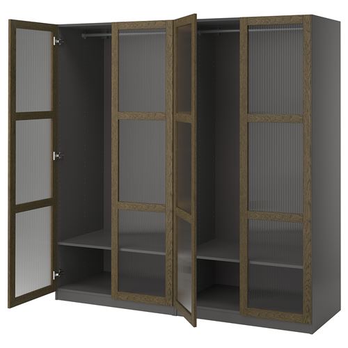 IKEA - PAX/TONSTAD, PAX wardrobe, dark gray brown-oak veneer glass, 200x60x201 cm