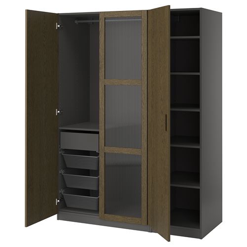 IKEA - PAX/TONSTAD, PAX wardrobe, dark gray brown-oak veneer glass, 150x60x201 cm