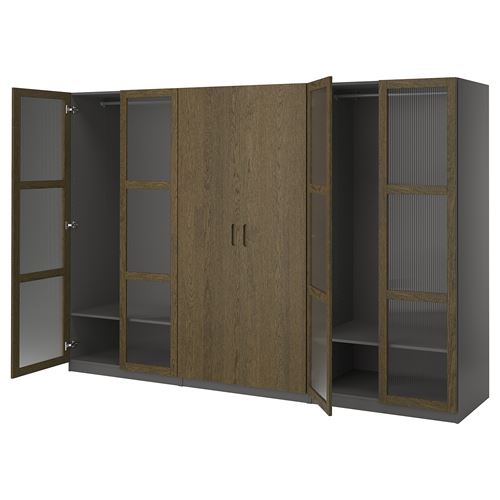 IKEA - PAX/TONSTAD, PAX wardrobe, dark gray brown-oak veneer glass, 300x60x201 cm