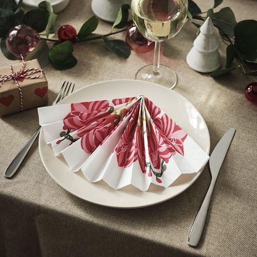 IKEA - VINTERFINT, patterned napkin, amaryllis white/pink, 33x33 cm