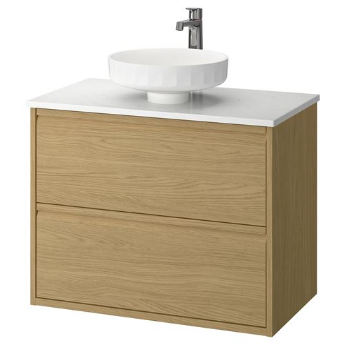 IKEA - ANGSJÖN/TOLKEN/LERSJÖN, lavabo dolabı kombinasyonu, meşe görünümlü-beyaz mermer görünüm, 82x49x79 cm