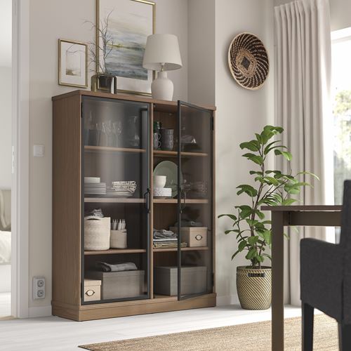 IKEA - LANESUND, glass-door cabinet, brown, 121x37x152 cm