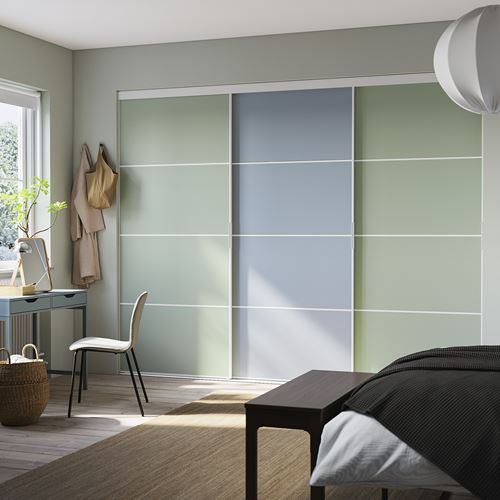 IKEA - SKYTTA/PAX, sürgülü kapaklı gömme dolap, beyaz-açık mavi-açık yeşil, 301x160x240 cm
