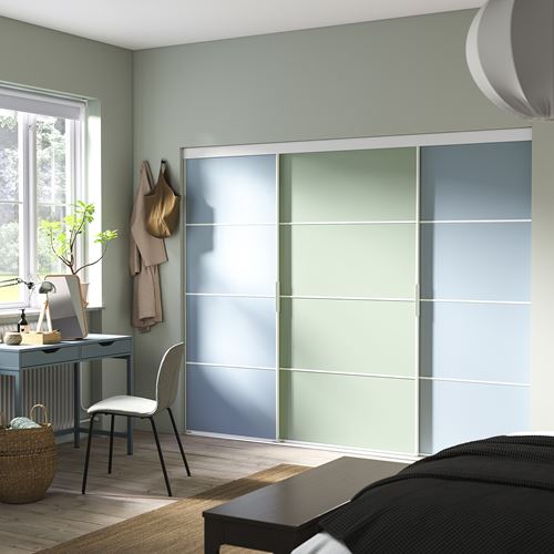 IKEA - SKYTTA/PAX, Walk-in wardrobe with sliding doors, white-light blue-light green, 251x115x205 cm