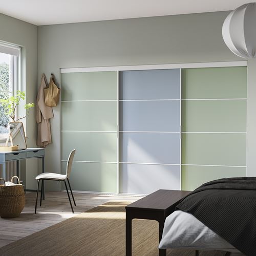 IKEA - SKYTTA/PAX, sürgülü kapaklı gömme dolap, beyaz-açık mavi-açık yeşil, 301x160x205 cm