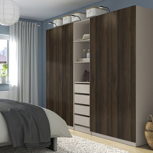 IKEA - PAX/STORKLINTA, PAX wardrobe, grey-beige-dark brown stained oak effect, 250x58x201 cm