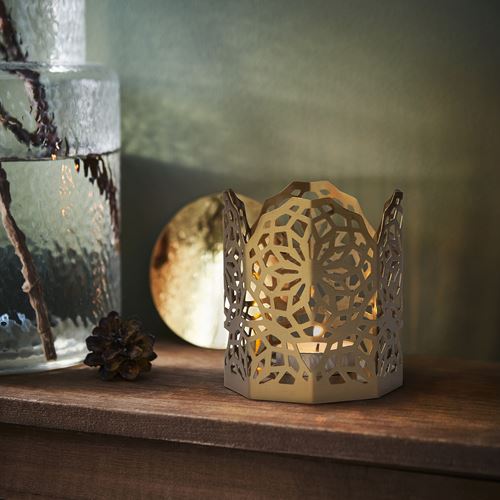 IKEA - GOKVALLA, tealight mumluk, altın rengi, 8x8x9 cm