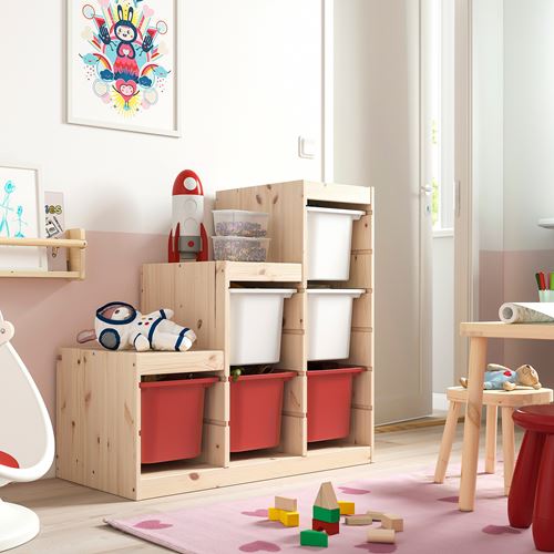 IKEA - TROFAST, storage-unit, pine-white-red, 94x44x91 cm