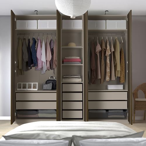 IKEA - PAX/STORKLINTA, PAX wardrobe, grey-beige-dark brown stained oak effect, 250x58x236 cm