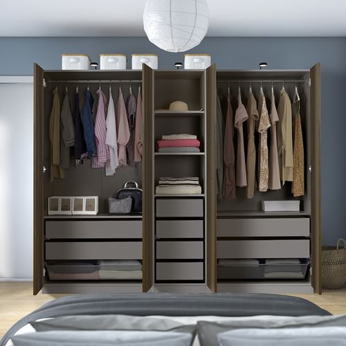 IKEA - PAX/STORKLINTA, PAX wardrobe, dark grey-dark brown stained oak effect, 250x58x201 cm