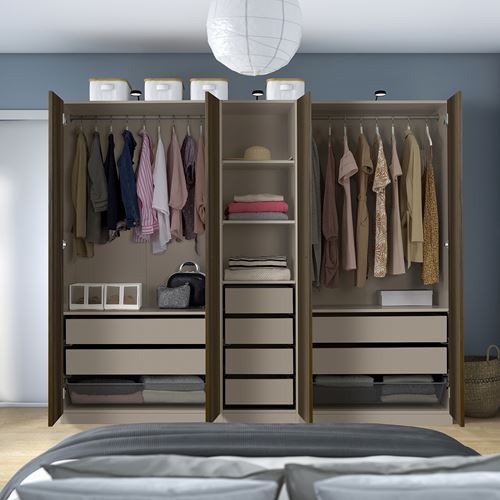 IKEA - PAX/STORKLINTA, PAX wardrobe, grey-beige-dark brown stained oak effect, 250x58x201 cm