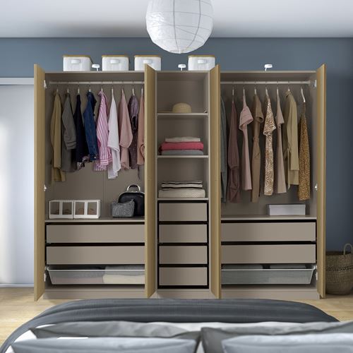 IKEA - PAX/STORKLINTA, PAX wardrobe, grey-beige-oak effect, 250x58x201 cm