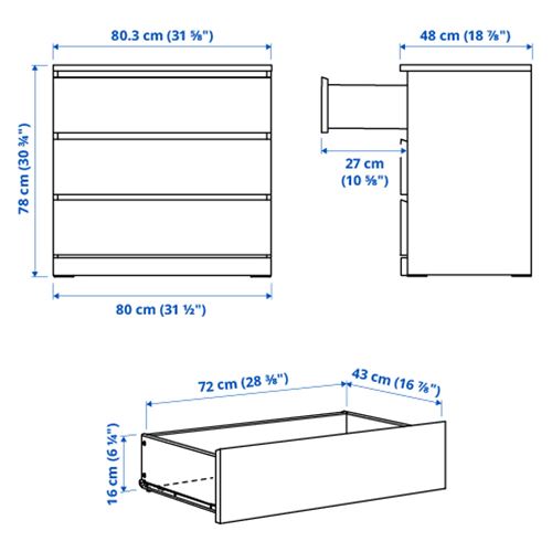 IKEA - MALM, 3 çekmeceli şifonyer, ağartılmış meşe kaplama, 80x78 cm