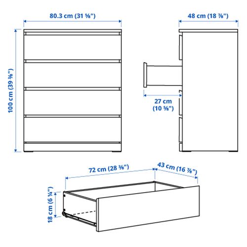 IKEA - MALM, 4 çekmeceli şifonyer, ağartılmış meşe kaplama, 80x100 cm