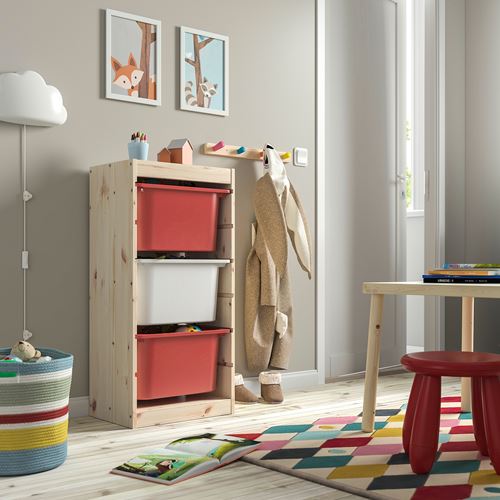 IKEA - TROFAST, storage-unit, pine-red-white, 44x30x91 cm