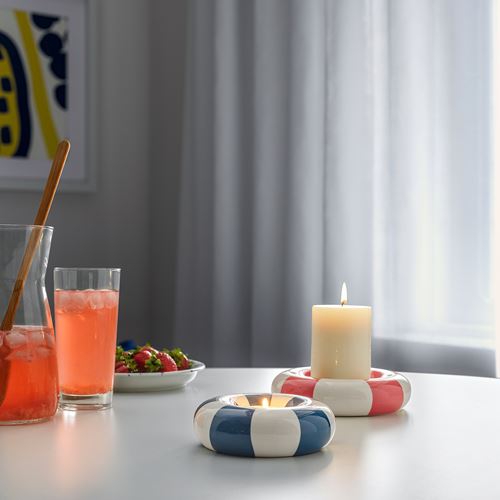 IKEA - TRADSTAM, tealight mumluk, koyu mavi-beyaz, 4 cm