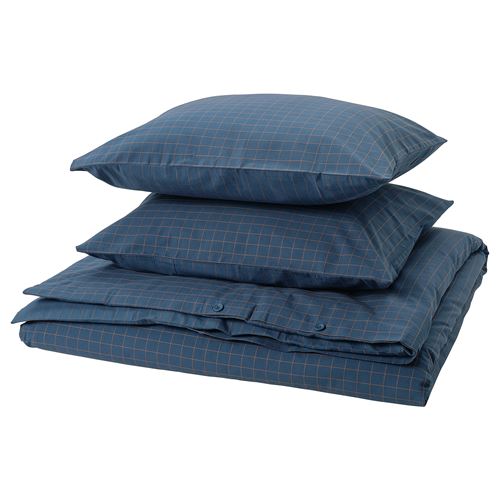 IKEA - DOFTAKLEJA, double quilt cover and 2 pillowcases, dark blue-light brown, 240x220/50x60 cm