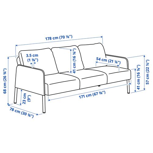 IKEA - GLOSTAD, uzanma koltuklu 3'lü kanepe, knisa koyu gri