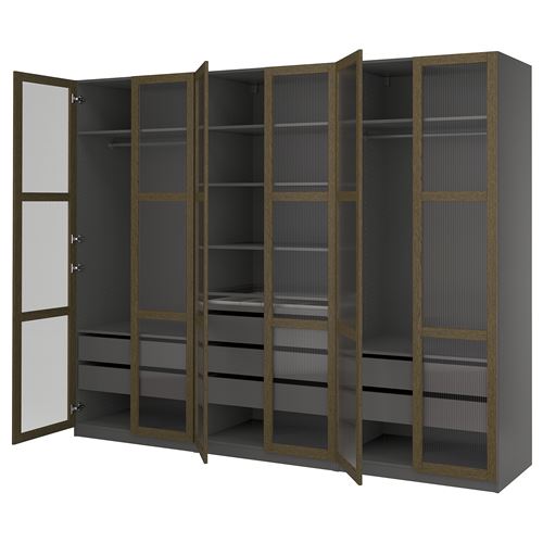 IKEA - PAX/TONSTAD, PAX wardrobe, dark gray brown-oak veneer glass, 300x60x236 cm