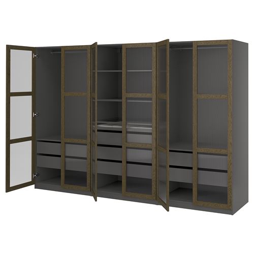IKEA - PAX/TONSTAD, PAX wardrobe, dark gray brown-oak veneer glass, 300x60x201 cm