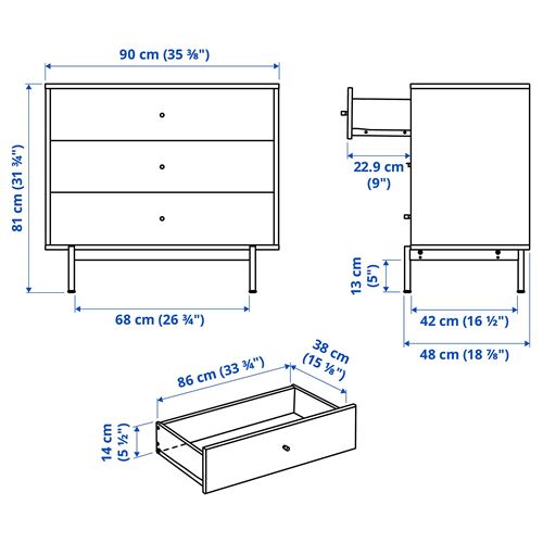 IKEA - RADMANSÖ, chest of 3 drawers, brown walnut effect, 90x48x81 cm