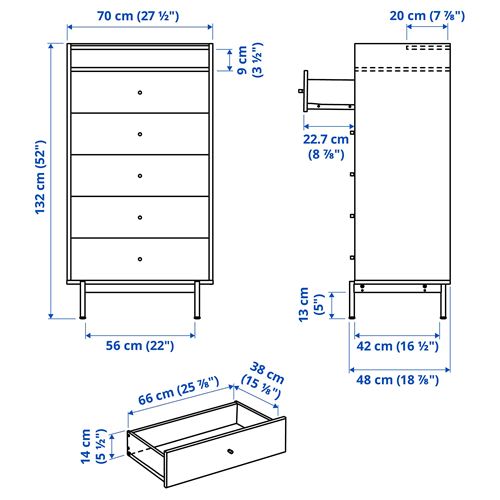 IKEA - RADMANSÖ, chest of 5 drawers, brown walnut effect, 70x48x132 cm