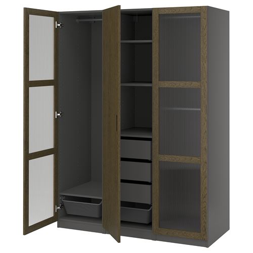 IKEA - PAX/TONSTAD, PAX wardrobe, dark gray brown-oak veneer glass, 150x60x201 cm