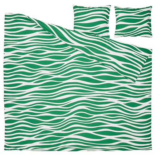 IKEA - PORTLAKMALLA, çift kişilik nevresim seti, yeşil-beyaz, 240x220/50x60 cm