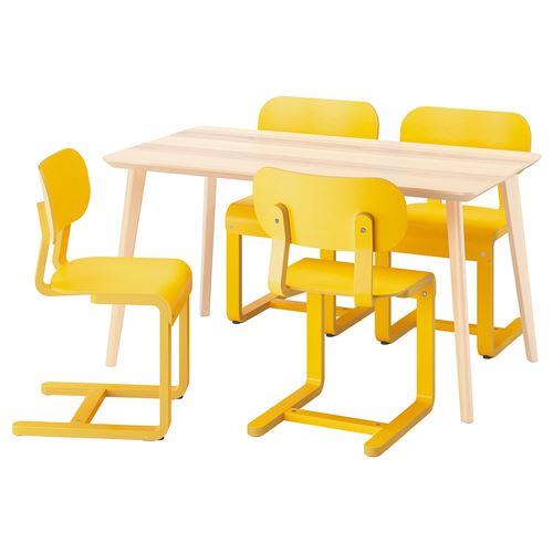 IKEA - LISABO/LYCKAN, mutfak masası takımı, dişbudak kaplama/sarı huş kaplama, 4 sandalyeli