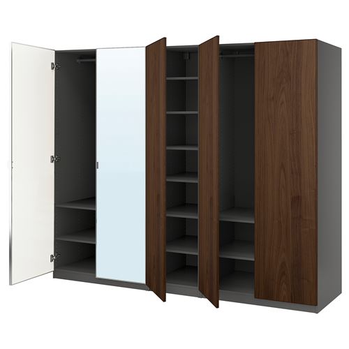 IKEA - PAX/BJÖRNESKOGEN/AHEIM, PAX wardrobe, dark grey-walnut veneer-mirror, 250x60x201 cm