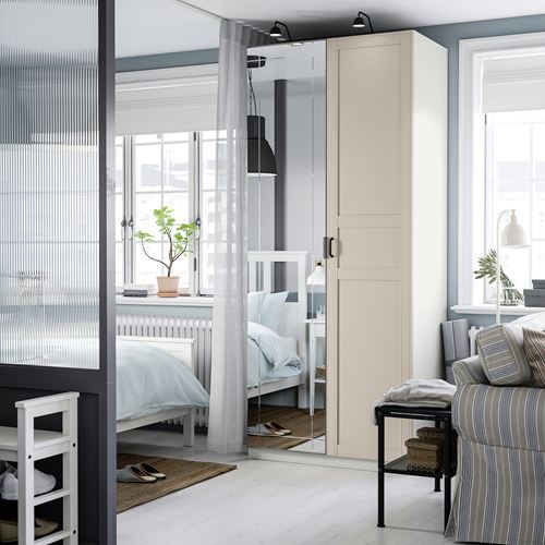 IKEA - PAX/KAMMARTORP/FLISBERGET, PAX gardırop, beyaz-açık bej-aynalı cam, 100x60x236 cm