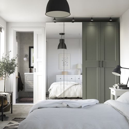 IKEA - PAX/KAMMARTORP/GRIMO, PAX gardırop, beyaz-gri-yeşil-aynalı, 200x60x236 cm