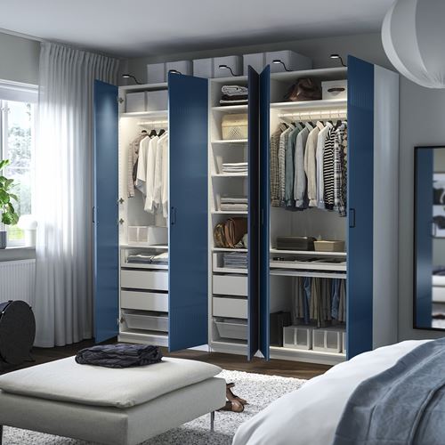 IKEA - PAX/FYRUDDEN, PAX gardırop, beyaz-mavi, 250x60x236 cm