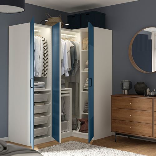 IKEA - PAX/FYRUDDEN, PAX corner wardrobe, white-blue, 161/111x201 cm