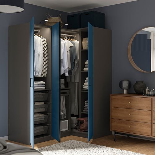 IKEA - PAX/FYRUDDEN, PAX corner wardrobe, dark grey-blue, 161/111x201 cm