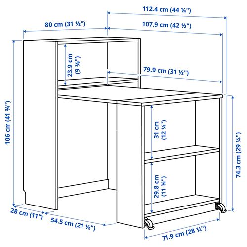 IKEA - BILLY, çalışma masalı kitaplık, beyaz, 80x33/112x106 cm