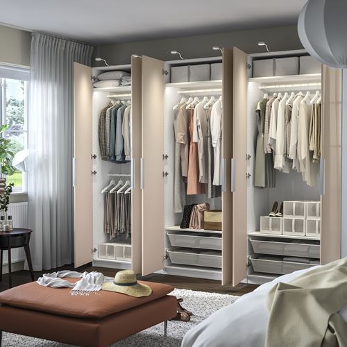 IKEA - PAX/FARDAL, PAX gardırop, beyaz-parlak cila açık turuncu, 300x60x236 cm