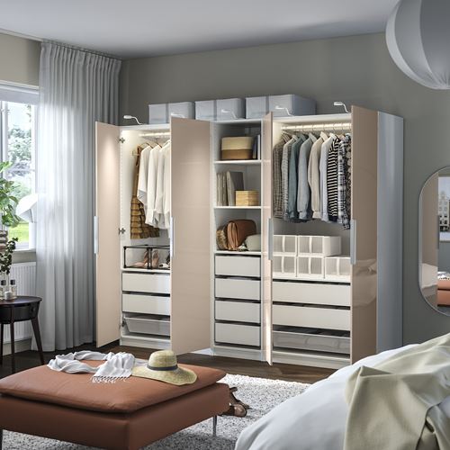 IKEA - PAX/FARDAL, PAX gardırop, beyaz-parlak cila açık turuncu, 250x60x201 cm