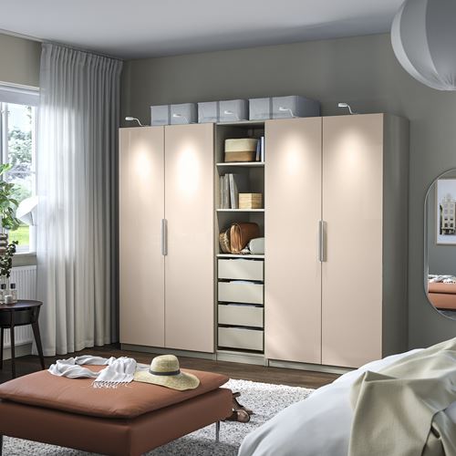 IKEA - PAX/FARDAL, PAX gardırop, gri-bej-parlak cila açık turuncu, 250x60x201 cm