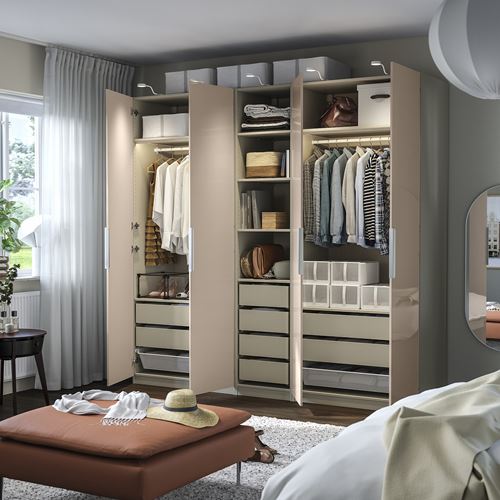IKEA - PAX/FARDAL, PAX gardırop, gri-bej-parlak cila açık turuncu, 250x60x236 cm