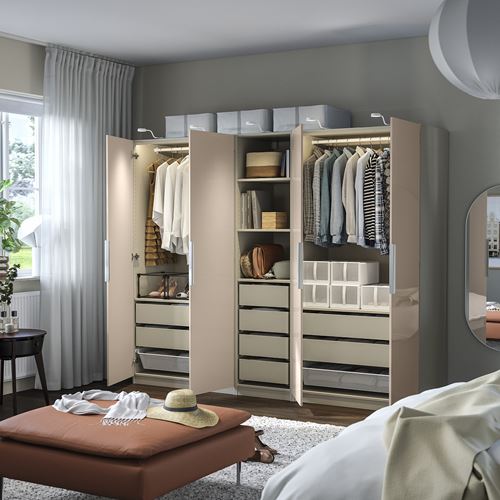 IKEA - PAX/FARDAL, PAX gardırop, gri-bej-parlak cila açık turuncu, 250x60x201 cm
