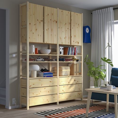 IKEA - IVAR, dolaplı ve çekmeceli raf ünitesi, çam, 174x30x226 cm