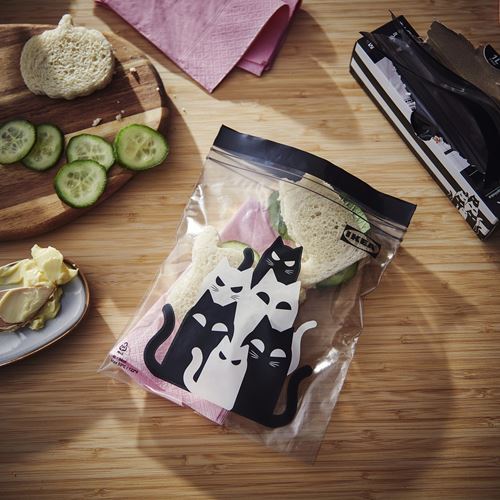 IKEA - KUSTFYR, kilitlenebilir buzdolabı poşeti, kedi deseni gri, 1 lt