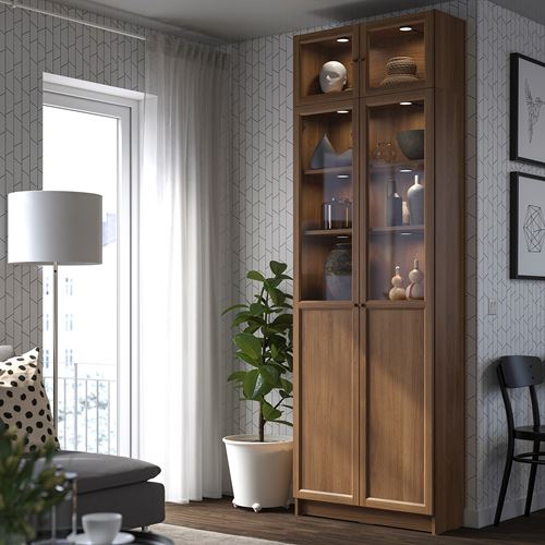 IKEA - BILLY, cam kapaklı kitaplık, kahverengi ceviz görünüm, 80x30x237 cm