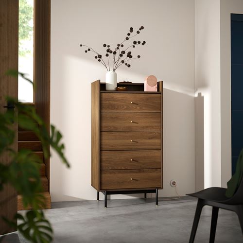 IKEA - RADMANSÖ, chest of 5 drawers, brown walnut effect, 70x48x132 cm