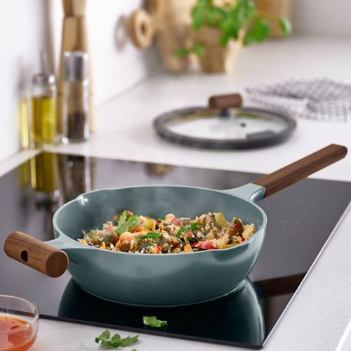 IKEA - KLIPPFISK, pot with lid, non-stick coating-wood-grey turquoise, 24 cm