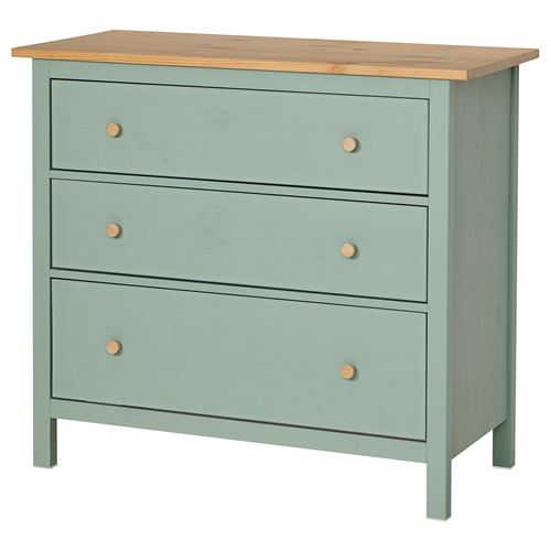 IKEA - HEMNES, chest of 3 drawers, grey-green-light brown, 108x96 cm