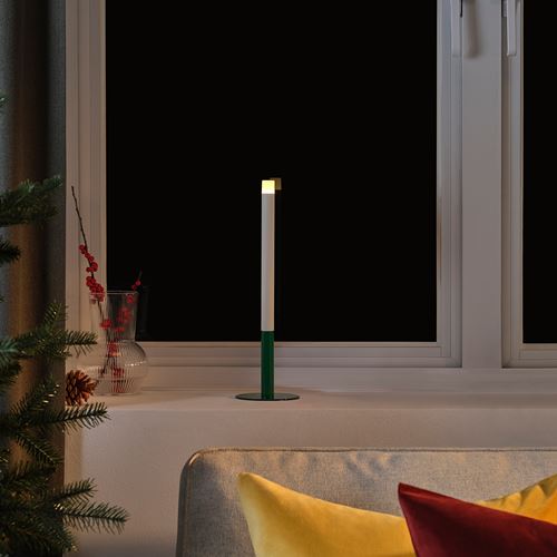 IKEA - STRALA, LED'li şamdan, yeşil-beyaz, 35 cm