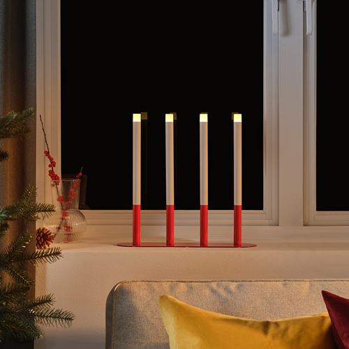 IKEA - STRALA, LED'li şamdan, kırmızı-beyaz, 35x38 cm